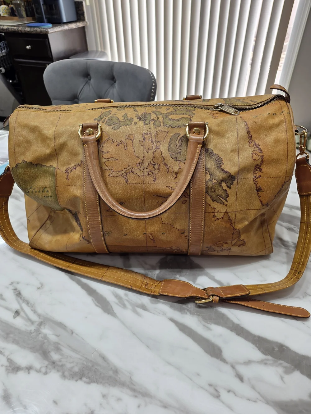 Alviero Martini Tan Map-Print Leather-Trim Duffel